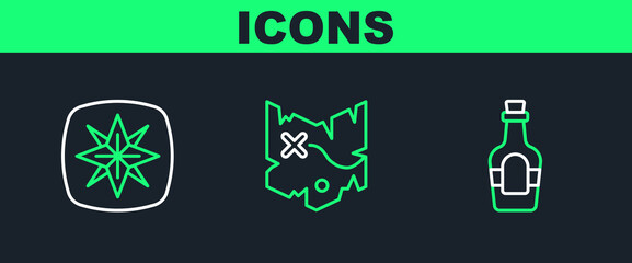Poster - Set line Alcohol drink Rum, Wind rose and Pirate treasure map icon. Vector