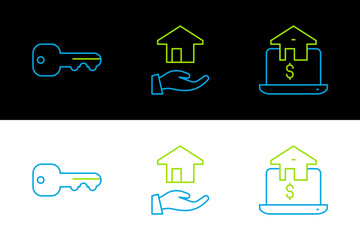 Fototapete - Set line Online real estate, House key and Realtor icon. Vector