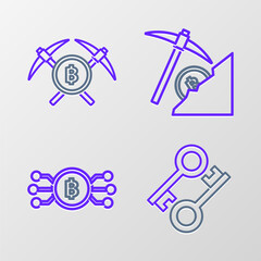 Poster - Set line Cryptocurrency key, bitcoin in circle with microchip circuit, cloud mining and Crossed pickaxe icon. Vector