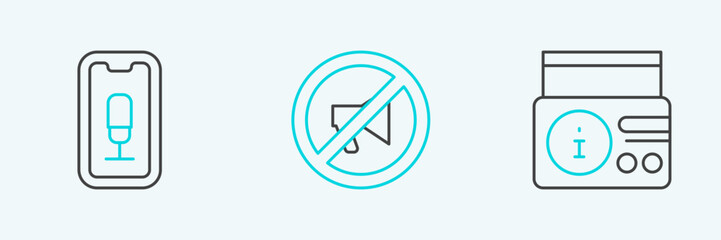 Poster - Set line News on radio channel, Mobile recording and Censored stamp icon. Vector
