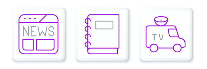 Fototapete - Set line TV News car, and Notebook icon. Vector