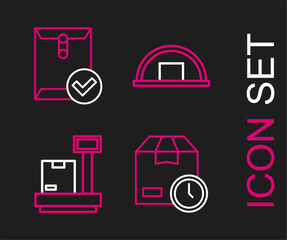 Poster - Set line Cardboard box with clock, Scale cardboard, Warehouse and Envelope and check mark icon. Vector