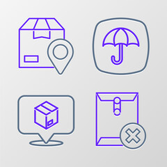 Poster - Set line Delete envelope, Location with cardboard box, Delivery package umbrella and icon. Vector