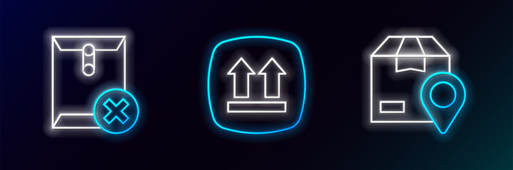 Fototapete - Set line Location with cardboard box, Delete envelope and This side up icon. Glowing neon. Vector