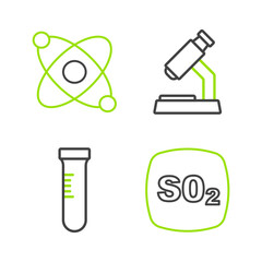 Poster - Set line Sulfur dioxide SO2, Test tube, Microscope and Atom icon. Vector