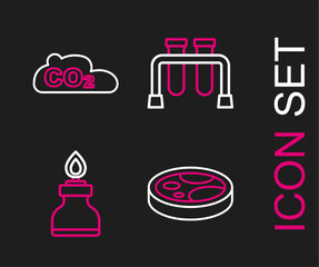 Poster - Set line Petri dish with bacteria, Alcohol or spirit burner, Test tube and CO2 emissions in cloud icon. Vector