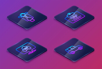 Poster - Set Isometric line Scooter, Location with taxi, Taxi driver license and Car. Blue square button. Vector