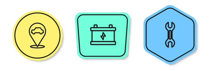 Poster - Set line Location with car service, Car battery and Wrench spanner. Colored shapes. Vector