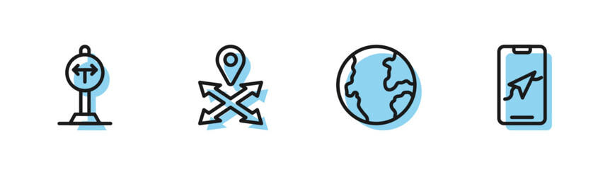 Poster - Set line Earth globe, Fork in the road, Location and City map navigation icon. Vector
