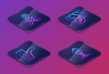 Poster - Set Isometric line Location, Road traffic sign, City map navigation and Stop. Blue square button. Vector