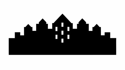 Poster - Silhouette of a cityscape with various building shapes and a central structure with window cutouts