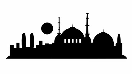 Poster - Silhouette of a cityscape with domes, towers and a prominent circle against a white background view image
