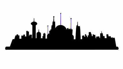 Poster - Silhouette of a futuristic city skyline with various buildings and structures against a white background view