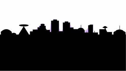 Poster - Silhouette of a city skyline with various buildings and structures against a white background at night time