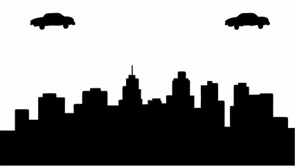 Poster - Two cars flying over a city skyline silhouette with skyscrapers and buildings in a black and white scene