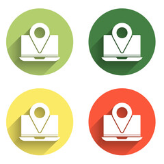 Poster - Set Laptop with location marker icon isolated with long shadow background. Color circle button. Vector