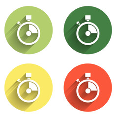 Poster - Set Fast time delivery icon isolated with long shadow background. Timely service, stopwatch in motion, deadline concept, clock speed. Color circle button. Vector