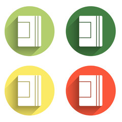 Poster - Set Notebook icon isolated with long shadow background. Spiral notepad icon. School notebook. Writing pad. Diary for school. Color circle button. Vector