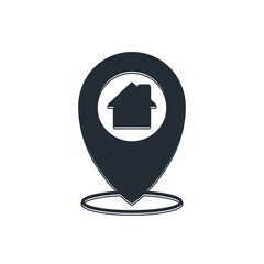 Poster - Black Map pointer with house icon isolated on white background. Home location marker symbol. Vector