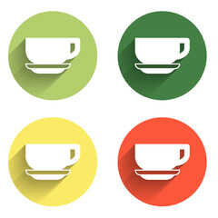 Poster - Set Coffee cup icon isolated with long shadow background. Tea cup. Hot drink coffee. Color circle button. Vector