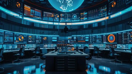 Aufkleber - A modern control room with multiple computer monitors and workstations, ideal for corporate or technology settings