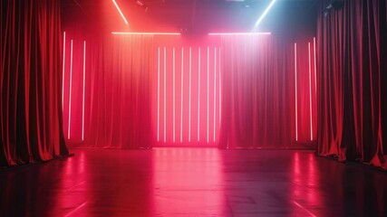 Poster - A modern living space with red curtains and neon lighting, ideal for interior design or party promotion