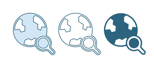 Poster - Blue Magnifying glass with globe icon isolated on white background. Analyzing the world. Global search sign. Vector