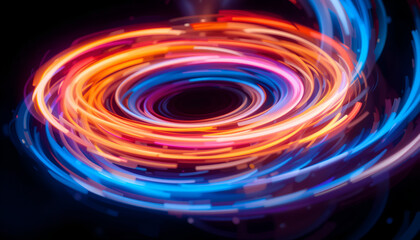 Fototapete - Dynamic vortex of vibrant blue and orange light trails against a dark backdrop shows abstract energy and motion.