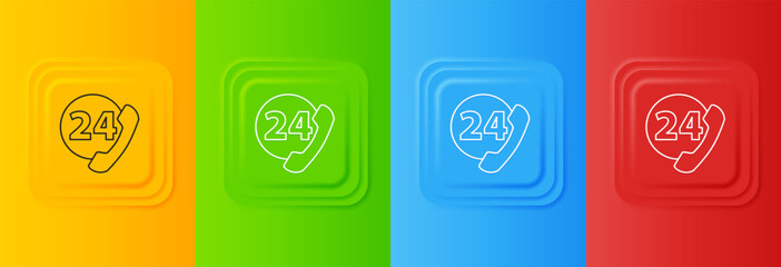 Poster - White Telephone 24 hours support icon isolated on colorful background. All-day customer support call-center. Full time call services. Set icons in square buttons. Vector
