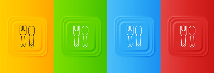 Poster - White Fork and spoon icon isolated on colorful background. Cooking utensil. Cutlery sign. Set icons in square buttons. Vector
