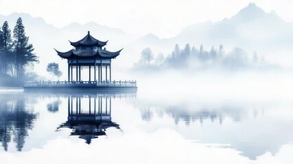 Poster - A serene pagoda sits on calm waters, surrounded by lush greenery and reflections