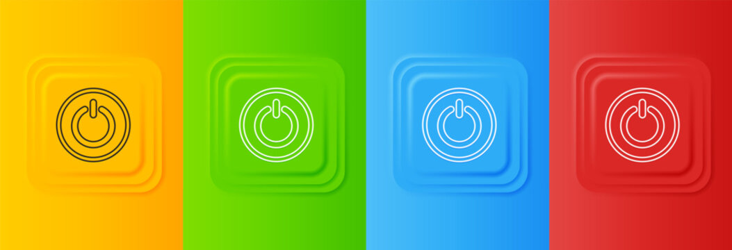 White Power button icon isolated on colorful background. Start sign. Set icons in square buttons. Vector