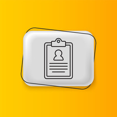 Poster - Black Medical clipboard with clinical record icon isolated on yellow background. Prescription, medical check marks report. Silver rectangle button. Vector