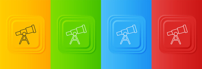 Poster - White Telescope icon isolated on colorful background. Scientific tool. Education and astronomy element, spyglass and study stars. Set icons in square buttons. Vector
