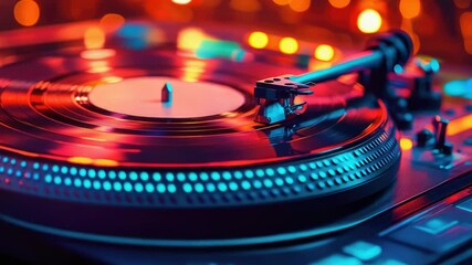 Poster - A close-up shot of a vintage-style turntable with a playing record, ideal for music-related content