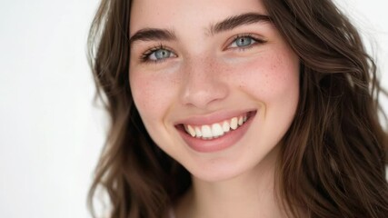 Poster - Close-up portrait of a woman with freckles on her face, suitable for personal use or editorial purposes