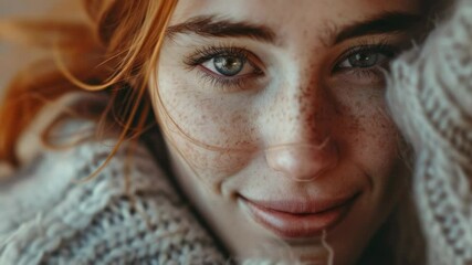 Poster - Portrait of a woman's face with noticeable freckles, ideal for beauty and lifestyle content