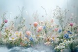 Enchanted floral arrangement, ethereal pastel blooms frozen in time, delicate beauty.