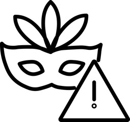 Poster - Masquerade mask with feather detail and warning sign, symbolizing caution or alert for costume party or festival event, outlined in simple black line art style
