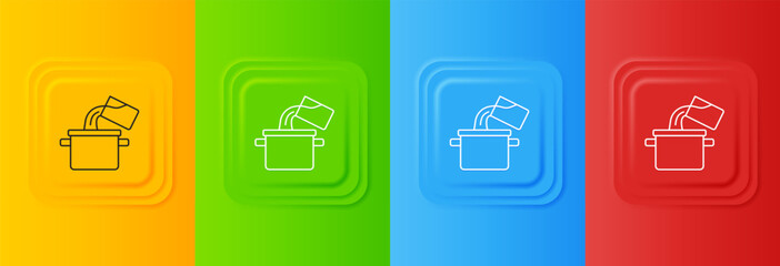 Poster - White Cooking pot icon isolated on colorful background. Boil or stew food symbol. Set icons in square buttons. Vector