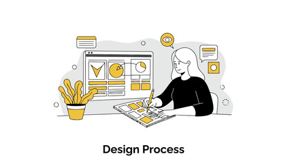 Fototapete - A female graphic designer in a black sweater is actively sketching design ideas on a notepad, with visual aids displayed on a nearby computer screen.