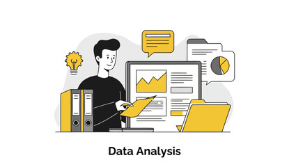 Fototapete - Young man reviewing data analysis documents in office setting. Focused on presentation board with graphs and charts. Data analyst in a modern office environment -