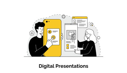 Poster - Young adults in casual wear present digital presentations on a mobile device and a large format display.
