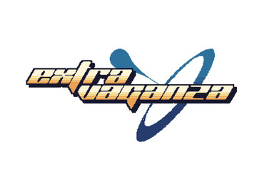 Poster - Futuristic Bold Typography of 'Extravaganza' in Yellow Gradient with Flat Pulse Abstract Shape, Y2K Pixel Art Style Banner
