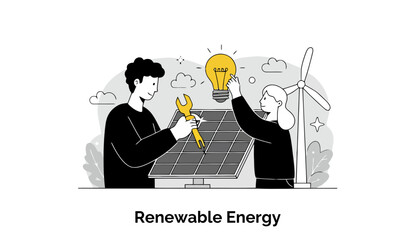 Poster - Young adults in casual attire working on renewable energy solutions, collaborating on solar panel maintenance with a background of wind turbine.