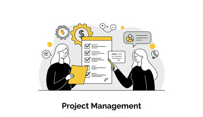 Poster - Project Management Illustration of two female project managers collaborating on a checklist in a modern office setting.