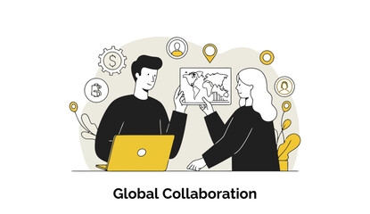 Poster - Young professionals in casual attire collaborating on a global project in a modern office setting. Two colleagues present a global map, showcasing their work at a computer.
