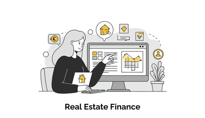  - Female real estate professional reviewing financial data on computer in an office setting. Analyzing investment property information with charts and graphs in a modern office environment.