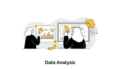 Fototapete - Female data analysts in professional attire analyzing data on a computer and white board in an office setting.