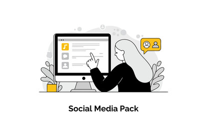 Fototapete - Young woman in casual wear interacting with a computer screen displaying social media content. Focused, attentive posture with a modern setting.
